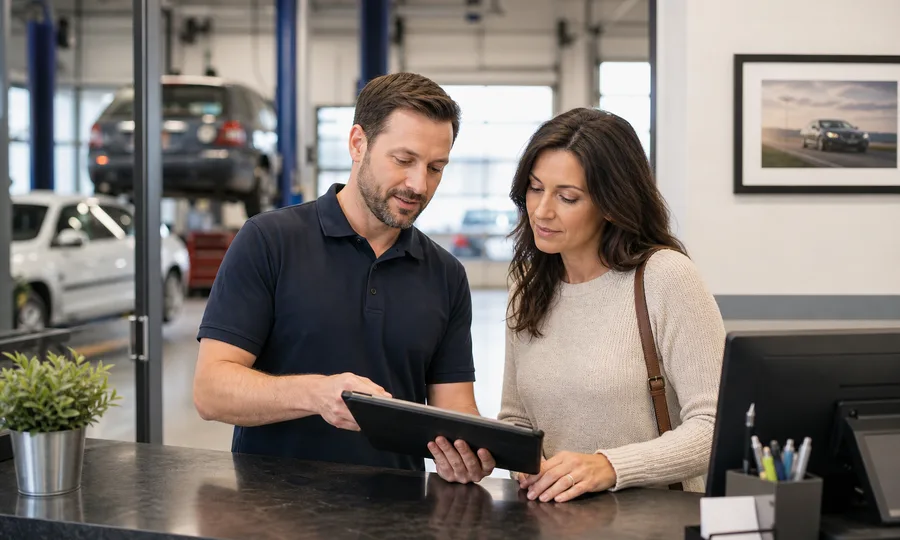 Service advisor explaining vehicle repair payment options to a customer at the front counter