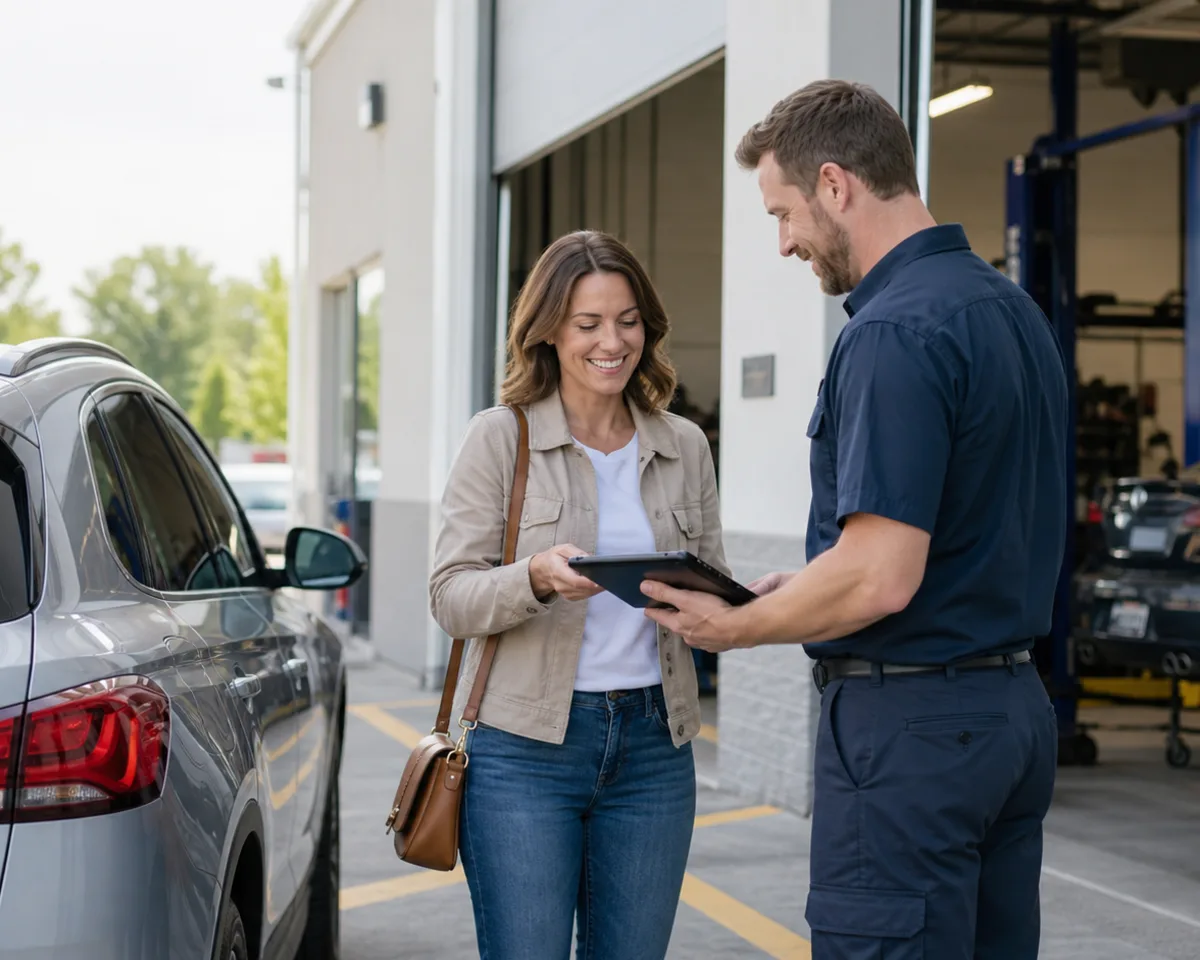 Customer picking up a repaired vehicle from an Ontario auto repair shop after payment is arranged