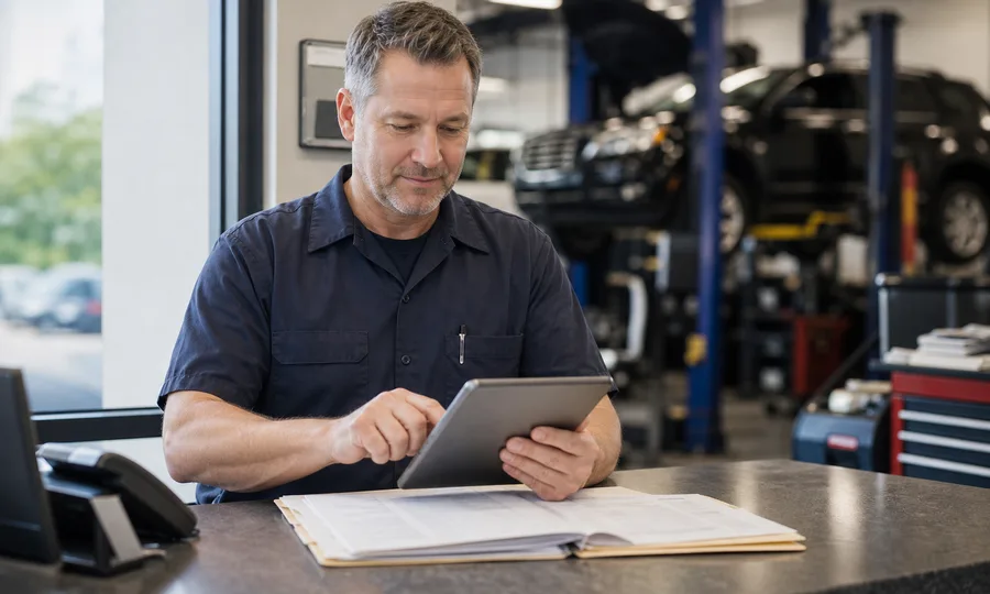 Auto repair shop owner reviewing invoice payments and accounts receivable on a tablet